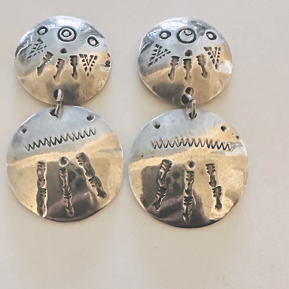 925 Sterling Silver Vintage Mexico Round Disk Dome-Drop Earrings